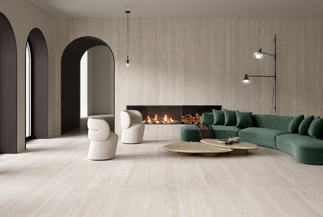 living room with tivoli white sintered stone floor and walls