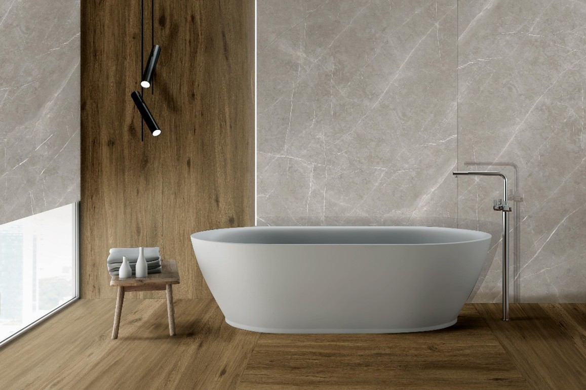 modern bathroom with view and sintered stone cladding